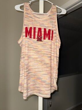 Miami Redhawks  Graphic Tank Top - Multicolor Stripes with Red Lettering
